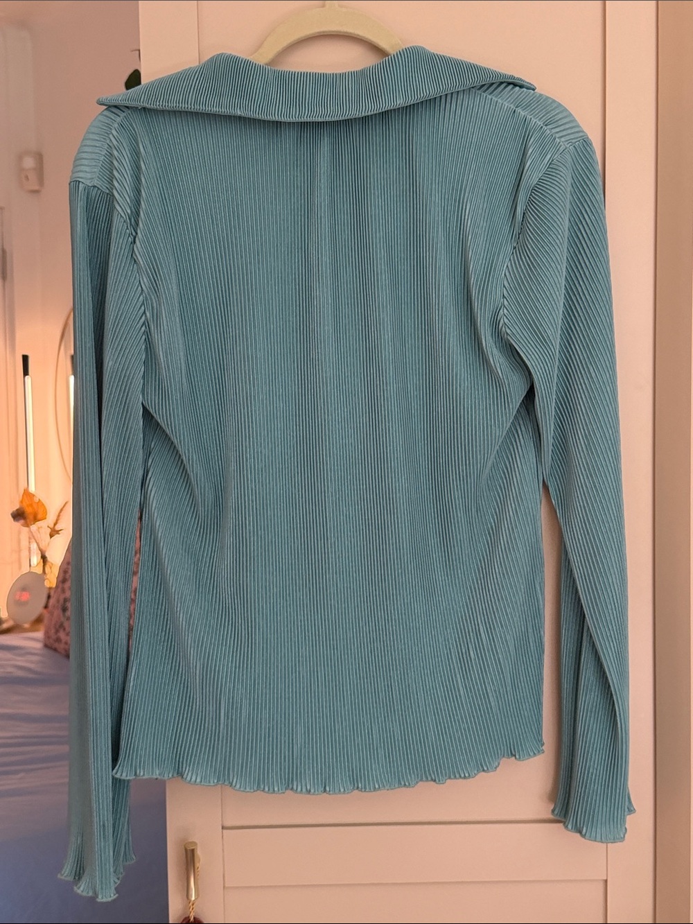 dolan Light Blue Ribbed Button-Down Shirt with Ruffle Trim - Picture 7 of 7
